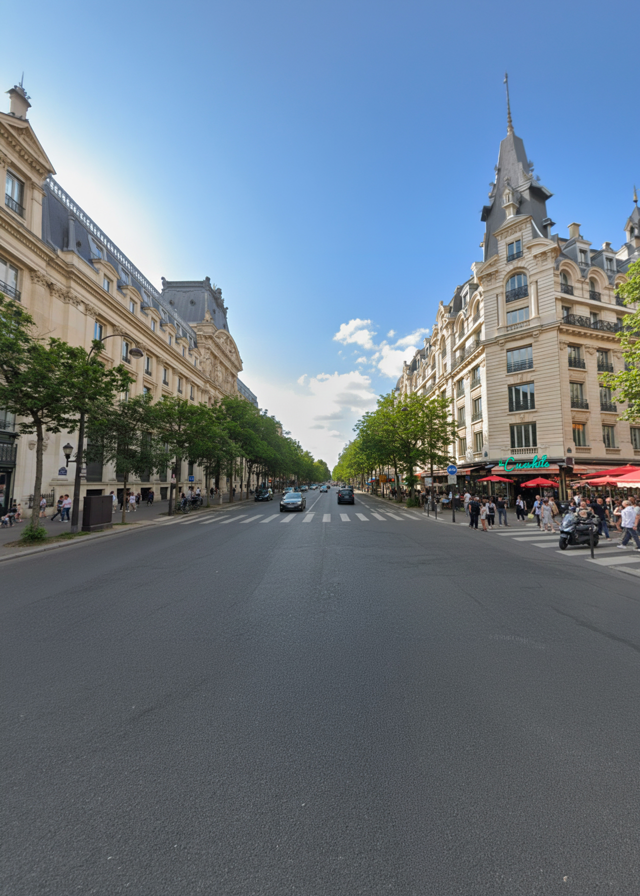 Perspective du boulevard des Italiens (Paris) : large chaussée avec passages piétons, rangées d’arbres, immeubles haussmanniens et terrasses de cafés animées, ciel bleu dégagé.