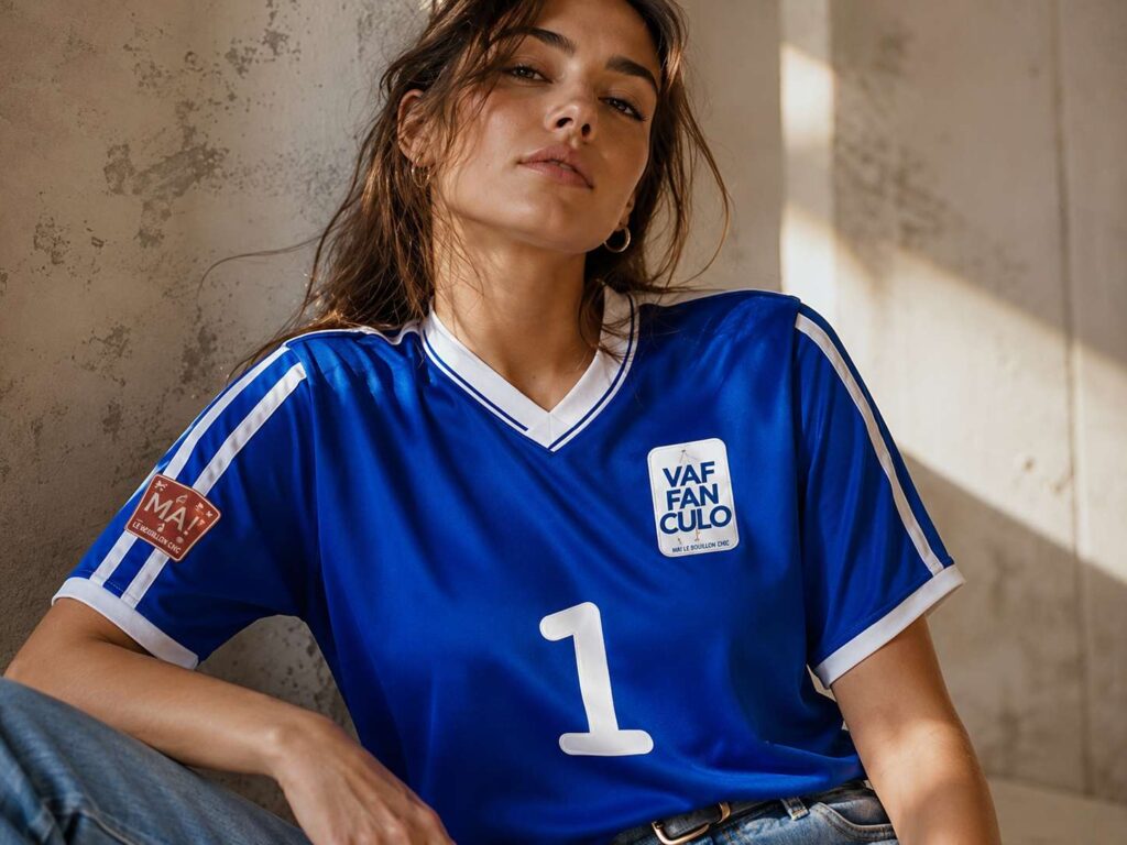 Jeune femme portant le maillot bleu VAF FAN CULO dans une ambiance lifestyle, assise en lumière naturelle avec une tenue décontractée inspirée de l'univers du Bouillon Chic Italien.