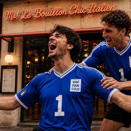 Deux supporters en maillot bleu célèbrent une victoire devant le restaurant Ma Bouillon Chic Italien, dans une ambiance festive en terrasse