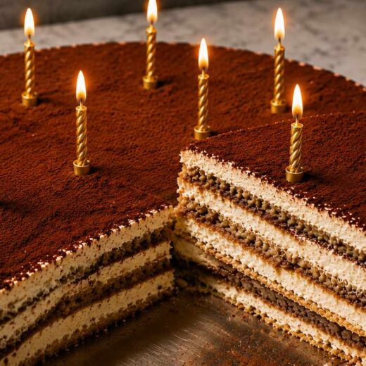 A giant tiramisu to share, served on a large platter with layers of cream and cookies generously dusted with cocoa powder.