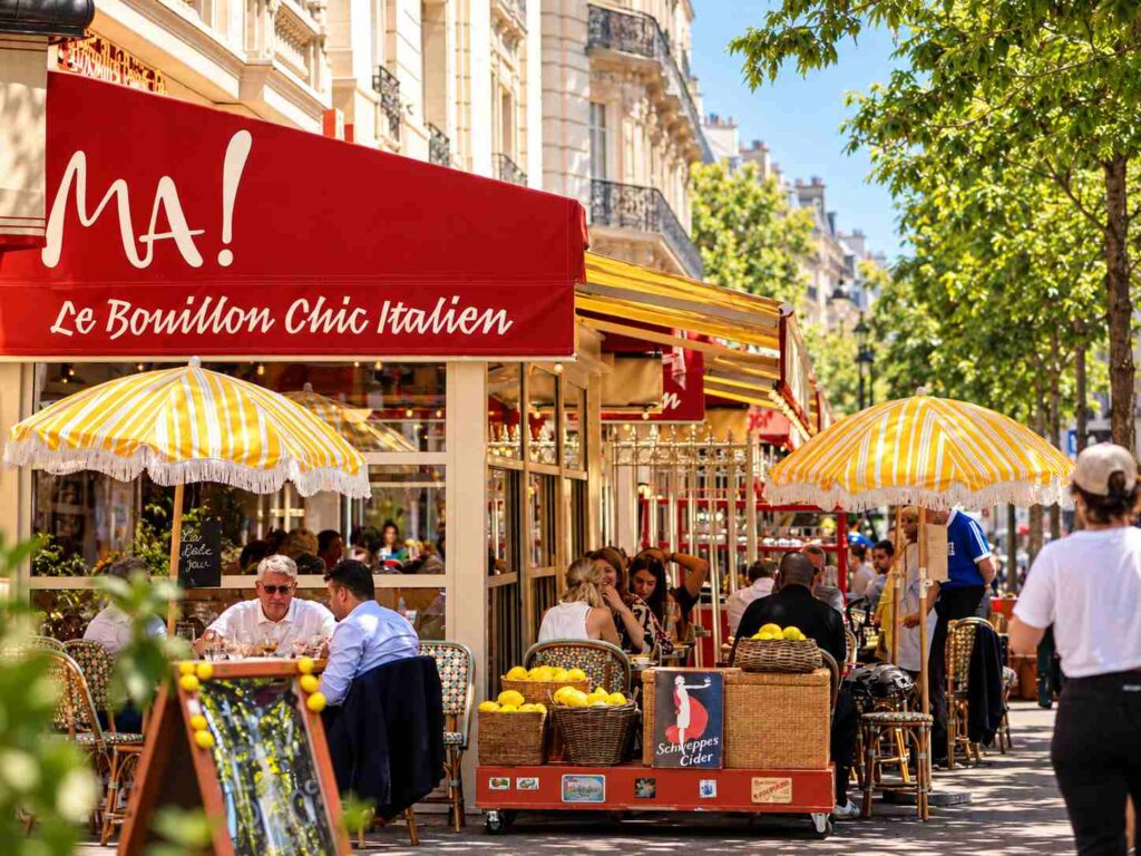 Terrasse du restaurant MA! Le Bouillon Chic Italien, avec ses parasols rayés jaunes et blancs et ses clients attablés.